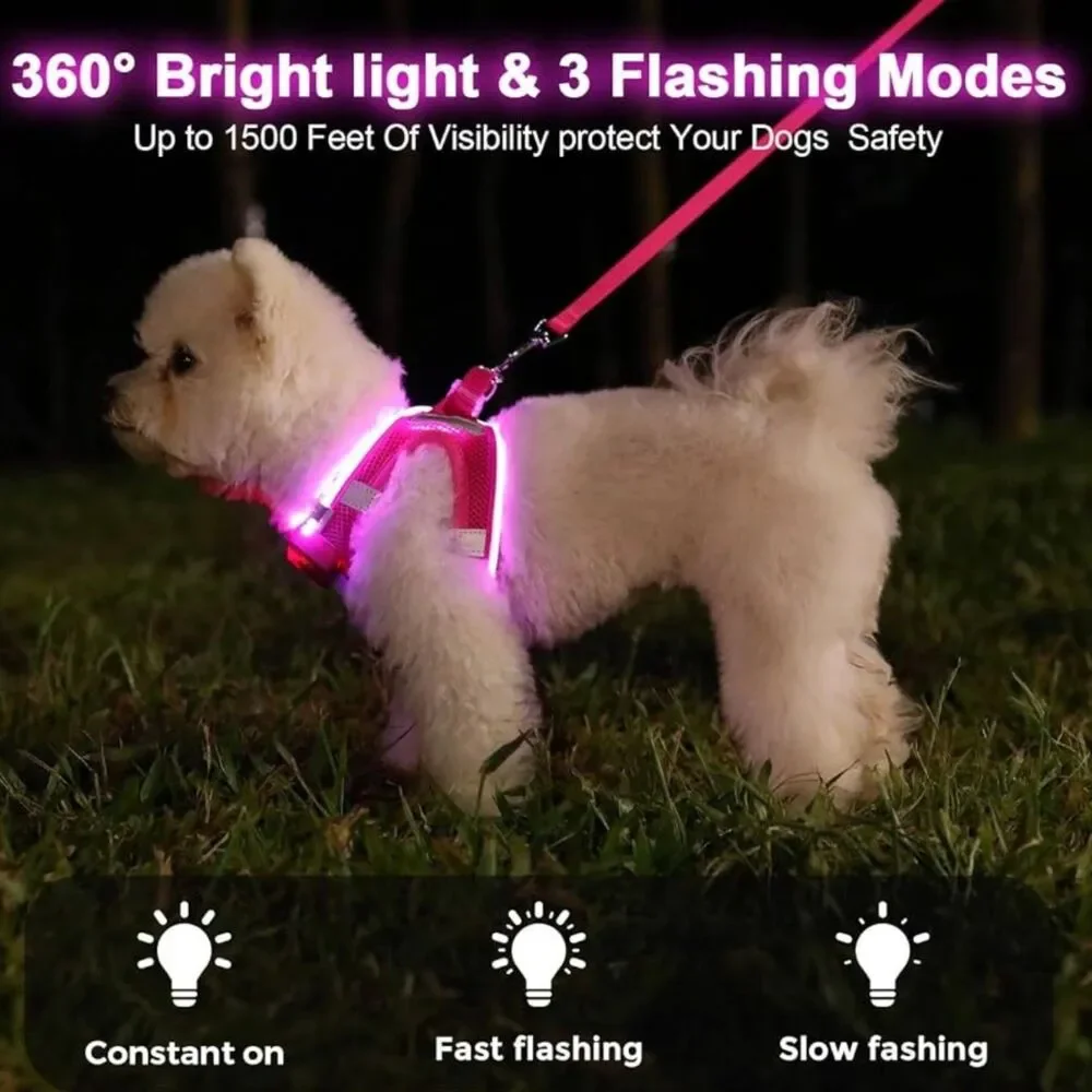 🆕 Feycig LED Light Up Rechargeable Dog Harness in Hot Pink